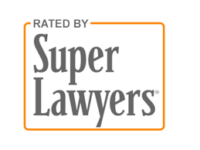 Gray text "Rated by Super Lawyers" inside an orange outline on a white background.